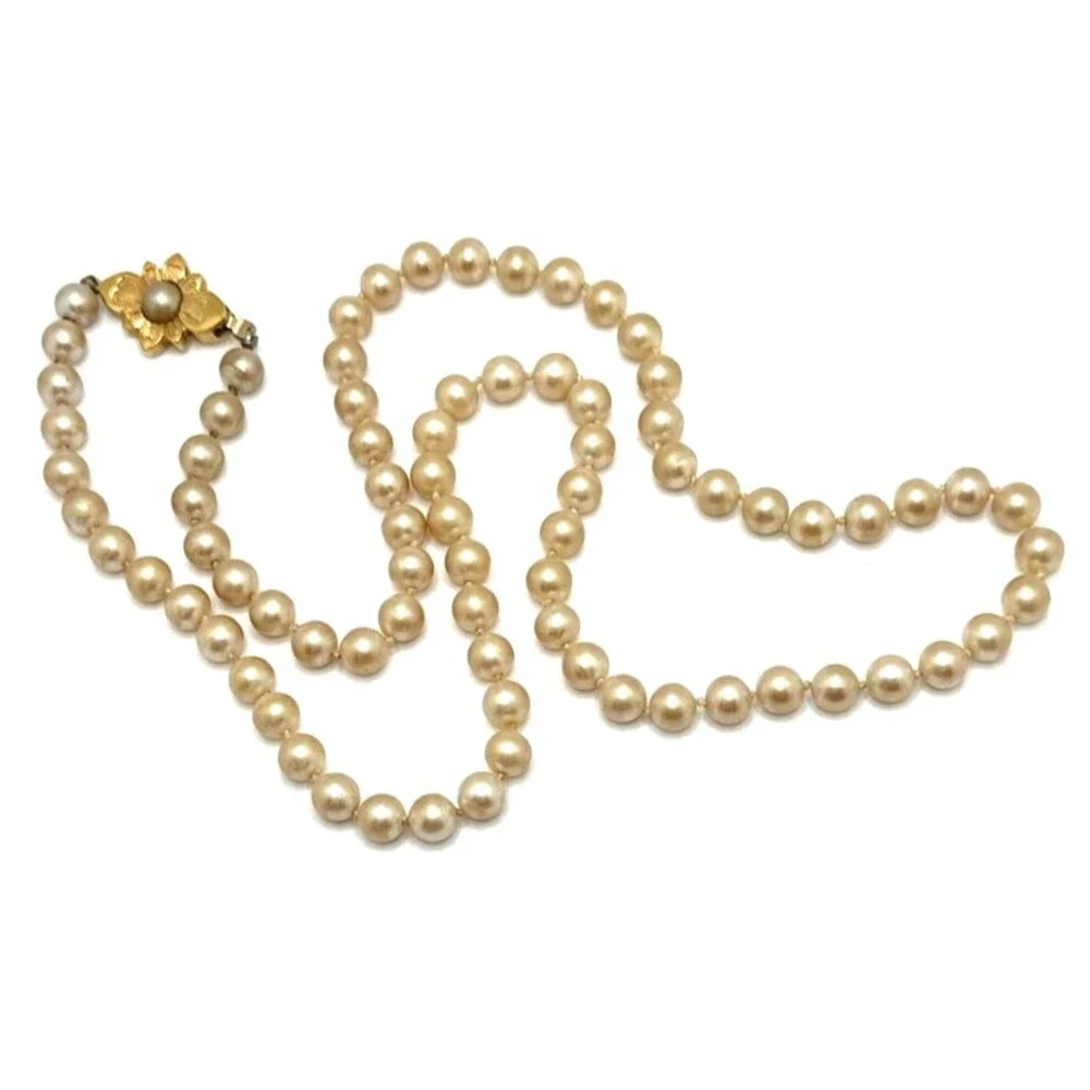 Vintage Faux Pearl Necklace Pale Gold Glass Bead Floral Clasp Statement 28